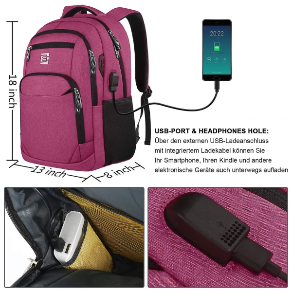 Ryggsäck för bärbar dator med snabb leverans, affärsresa, stöldskydd, smal, hållbar ryggsäck för bärbara datorer med USB-laddning Rose red 23in