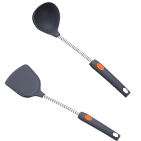 Silikon Kjøkkenredskapssett, 2 stk. Viktige kjøkkenredskaper med rustfritt stålhåndtak, grå stekespade * Grå skje Gray spatula * gray spoon