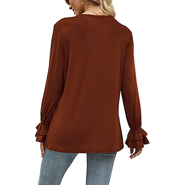 Dame Ensfargede Topper Casual V-hals Ruffle 3/4 Bell Erme Bluse Tunika Løs Skjorte Caramel M