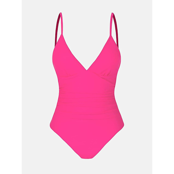 Dame Badedragt Heldragt V-hals Mavekontrol Rynket Front Lav Ryg Deep Pink S
