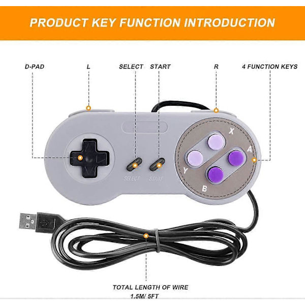Laelr SNES USB Controller 2-pak Kablede Retro SNES Gamepad Controllere til Super Nintendo med 1,5 m USB-forlængerkabler Joypad Controllere til Windows