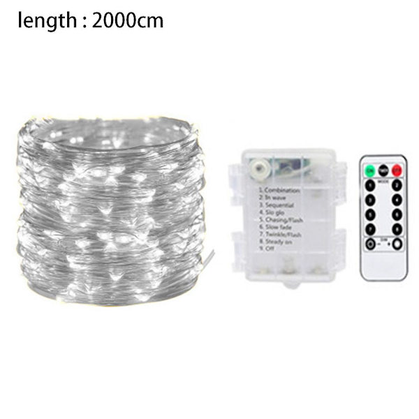 20 meter 200 LED Fe Lys Kæde, batteridrevet med fjernbetjening til soveværelse, gårdhave, have white