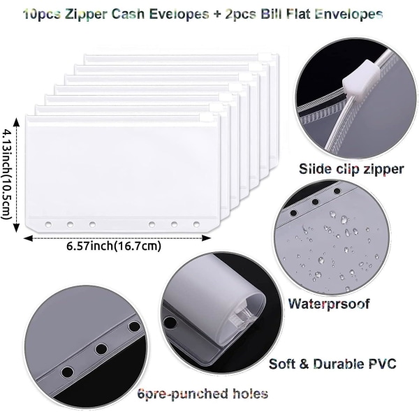 A6 Budget Binder med 12 st dragkedjor för budgetering, pengarrangör för kontantstoppning, sparbinderbok, liten budgetplaneringsportfölj med Bi Silver