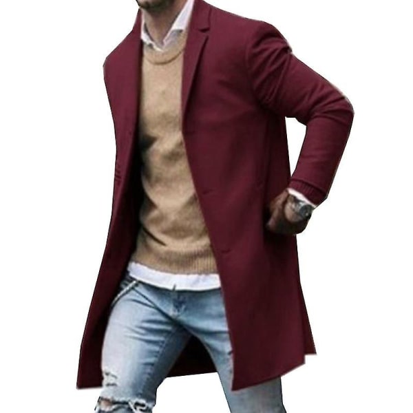 Herre Vinter Formel Trenchcoat Frakke Lang Jakke Overtøj Wine Red 3XL