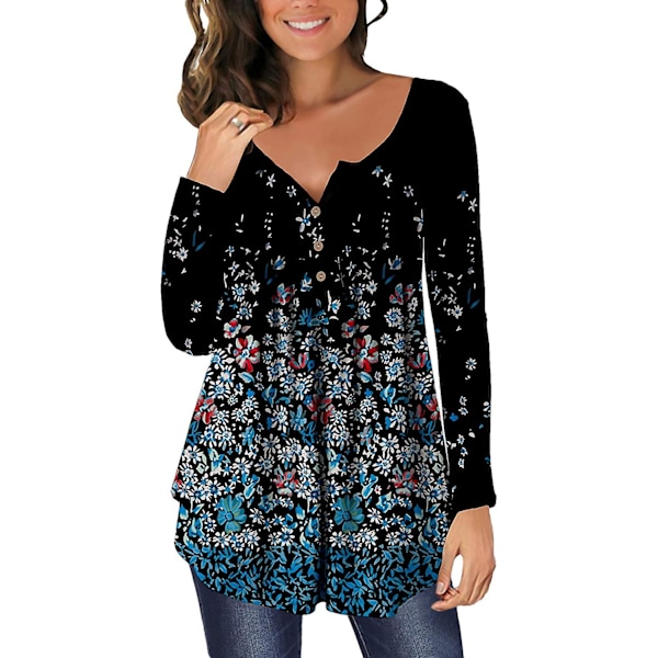 Dame Tunika Topper Ensfarget Plissert V-hals Knapper Bluse Blomstertrykte Damer Blackgold XL