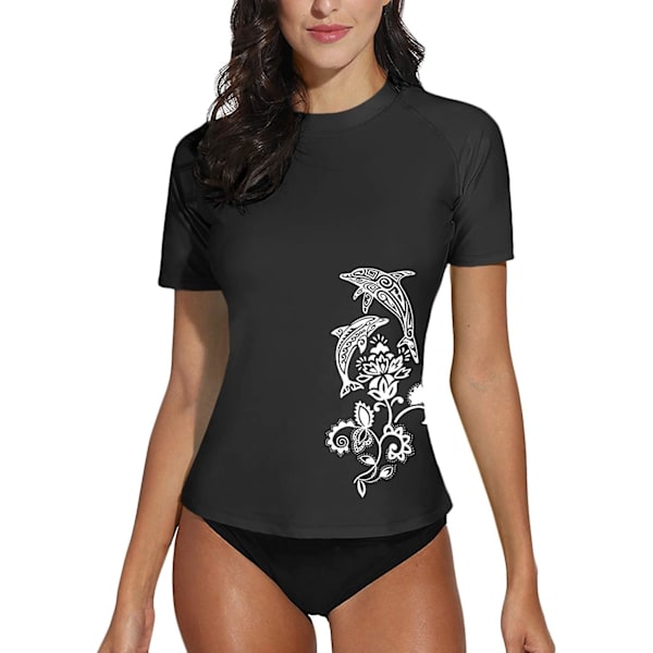 Dam kortärmad skjorta Surf Top Badkläder Sommar Simning Sport Upf 50+ Blommig Black XL