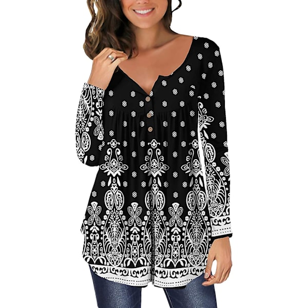 Dame Tunika Topper Ensfarget Plissert V-hals Knapper Bluse Blomstertrykte Damer Mixblue 1 M