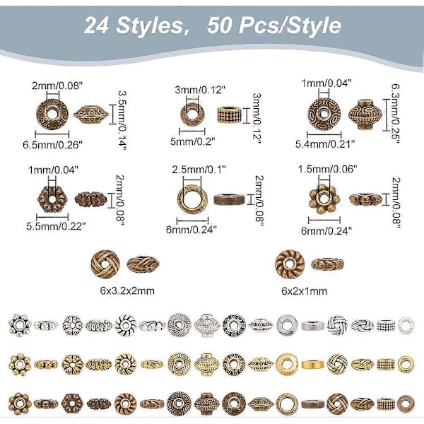 1200 st Metalliska Distanspärlor 24 Stilar Tibetanska Metalllegeringspärlor Bicone Platta Runda Kolonnformade Blommiga Distanspärlor Lösa Pärlor för Armband Halsband Smycken