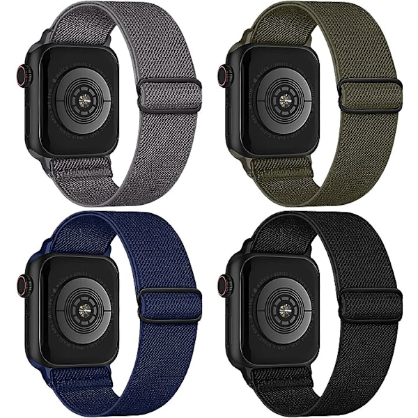 4-pack nylon solo loop-band kompatibel med Apple Watch 38 mm 40 mm 41 mm 42 mm 44 mm 45 mm 49 mm, justerbara flätade sportarmband i elastiskt material AA010 42mm 44mm 45mm