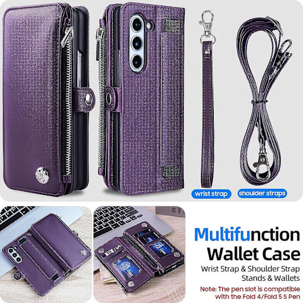 Lynlås Pung Etui Kompatibel Samsung Galaxy Z Fold 5, Magnetisk Flip Læder Etui Med S Pen Holder, Rem & Kortholder Purple For Galaxy Z Fold 5