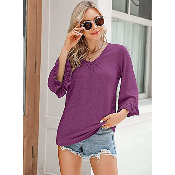 Dame Ensfargede Topper Casual V-hals Ruffle 3/4 Bell Erme Bluse Tunika Løs Skjorte Fuchsia M