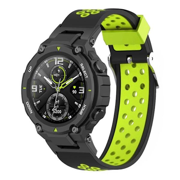 Kaksivärinen 22 mm:n ranneke Huami Amazfit T-Rex/T-Rex Pro/Ares -kelloon, monireikäinen silikoniranneke Black Green