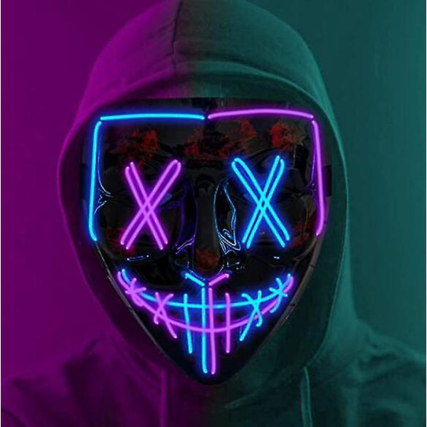 Stygn med dubbla färger LED-mask Halloween Cosplay-dräktmask Ljus upp festivalfest blue purple