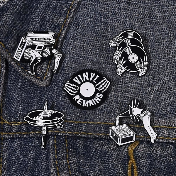 Svartvit musik Vintage Radio Disks Badge Pins - Creative Skull Dj Vinyl