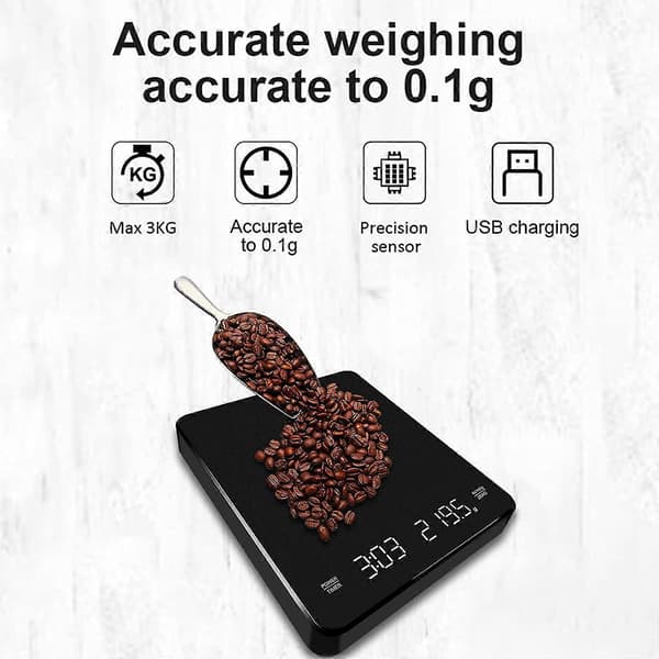 Digital kaffevåg med timer, Typ-C uppladdningsbar med LED-display, Multifunktionell precisionssensor, med tareringsfunktion, hög resistans