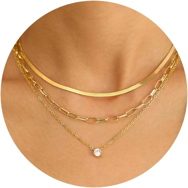 Guld lager halsband för kvinnor flickor, 14k äkta guldpläterad Cz hänge halsband, läcker platt orm kedja lager halsband för present