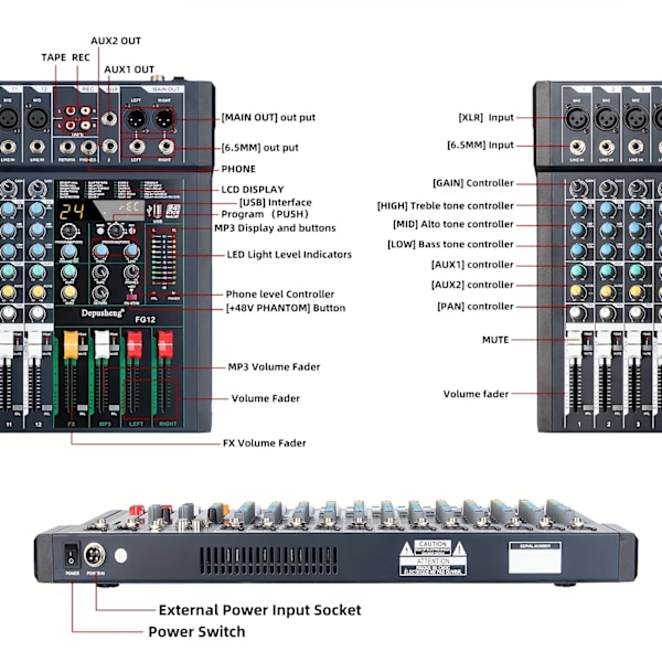 FG12 Professionell Ljudmixer Ljudbord DJ-konsol Bordsystem Interface 12 Kanaler Digital USB MP3 Datoringång 48V Fantommatning Inbyggd