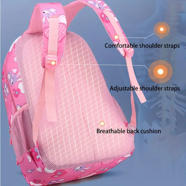 1PC Barnens tecknade kanintryckta ryggsäck, söt söt stor kapacitet lätt ryggsäck casual reseryggsäck grundskolebarn skolväska svart