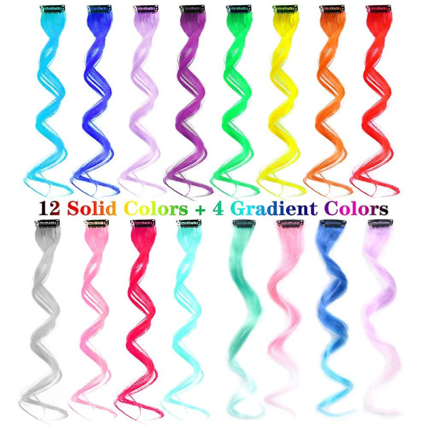12st färgat rött hårförlängning rakt flerfärgat klipp i hårförlängningar Färgglada 20 tums regnbågsförlängningar för barn Dampresenter Hallowee 16Pcs16CurlyColors