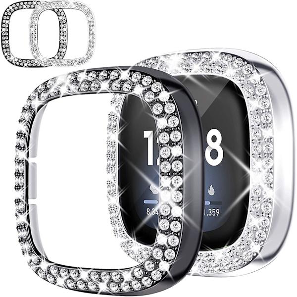 2-pack kompatibla med Fitbit Versa 3 Fitbit Sense Bling-skyddsfodral, Versa3/Sense-tillbehör, hårt PC-diamantram, stötfångare för kvinnor (bla