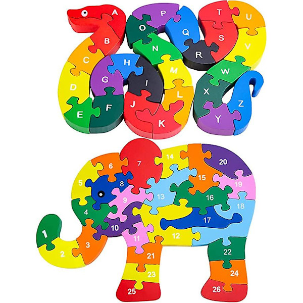 2 st djur träpussel alfabet pussel, trä orm & elefant bokstäver siffror block leksaker för barnleksaker - orm & elefant