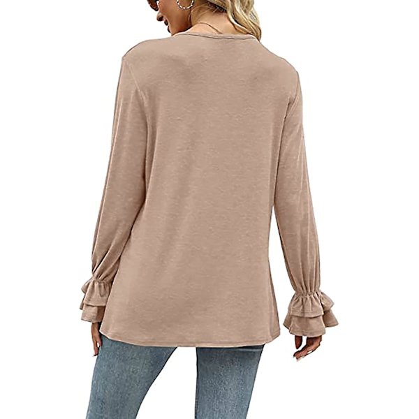 Dame Ensfargede Topper Casual V-hals Ruffle 3/4 Bell Erme Bluse Tunika Løs Skjorte Khaki B M