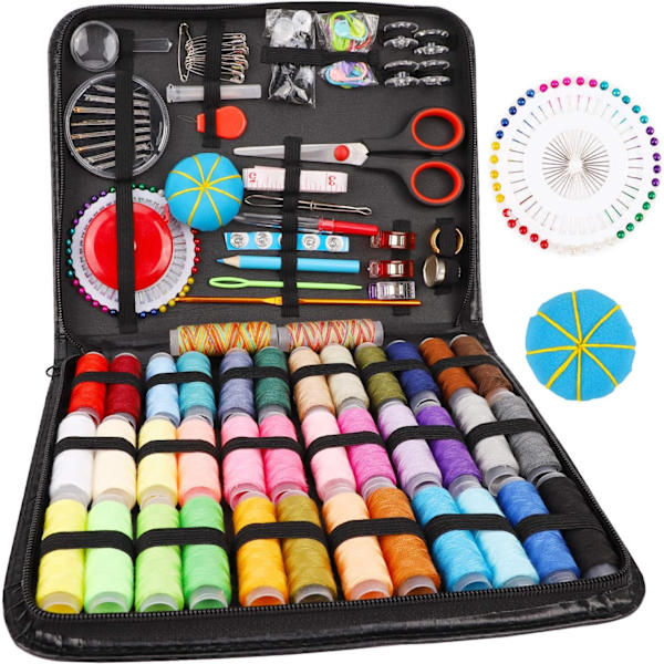 Sett, 184 stk Premium Stort Syskrin med PU-Etui, 38 XL Trådsneller, Saks, Fingerbøl, Tråder, Nål, Egnet for Reisende, Voksne, Barn