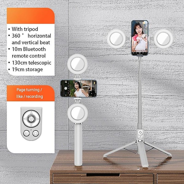 1,3 m Udtrækkelig Selfie Stick Bluetooth Fjernbetjening Bærbart Tripod Stativ + Udfyldningslys og Spejl White