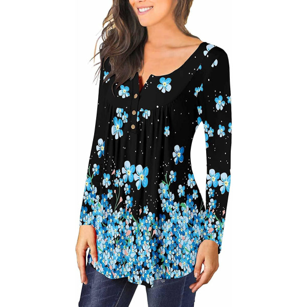 Dame Tunika Topper Ensfarget Plissert V-hals Knapper Bluse Blomstertrykte Damer Purpleflo S