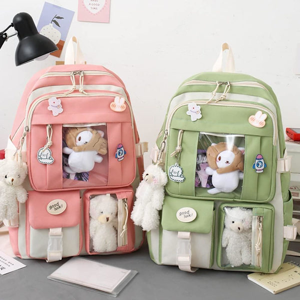 Canvas skolväska komboset, Kawaii tjej student skolväska grön