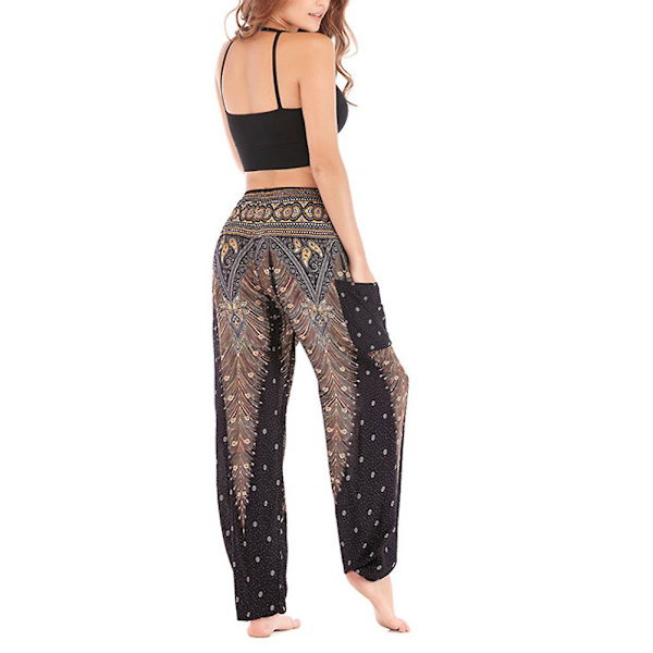 Boho Joogahousut Naisille - Painetut Pilateshousut Löysällä Istuvuudella ja Pussimaisella Harem-tyylillä - Täydelliset Rannalle, Joogaan, Tanssiin ja Muuhun Black One Size