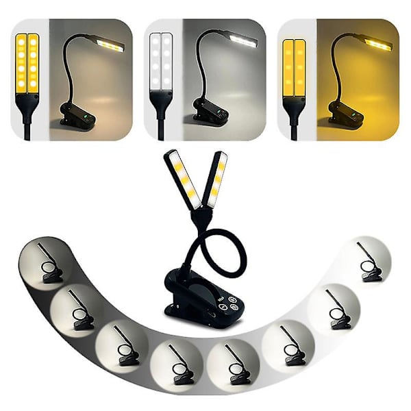 Varm/vit läslampa med klämma, lätt ögonvårdande boklampa, perfekt för bokälskare, laddare