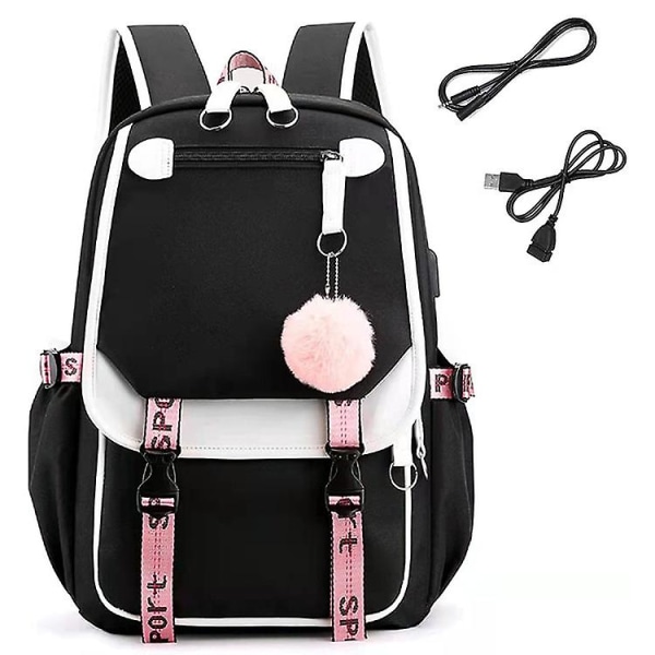 Studentryggsäck Ryggsäck för tonårsflickor Middle School Students Bookbag Outdoor Daypack med USB laddningsport black