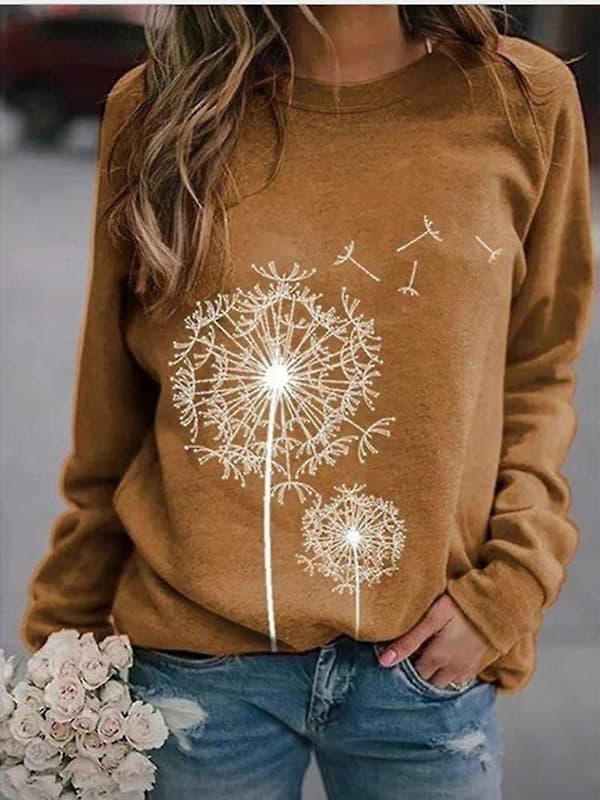 Dam Tröja med Maskros-tryck Rund Hals Långärmad Topp Basic Jumper Tunika