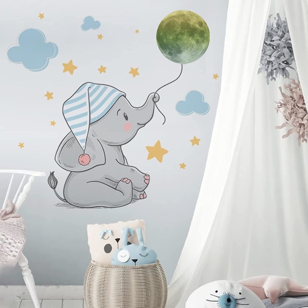 Härlig elefant med cap väggdekaler, självlysande måne väggdekor, molnstjärna tecknade väggdekorationer, avtagbar konstväggmålning för barn i sovrummet