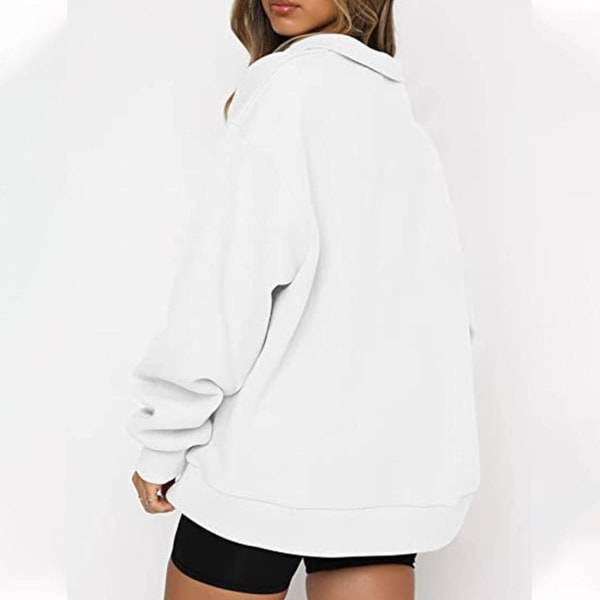 Dame Oversized Halvzip Trøje med Lange Ærmer - Efterårssweatshirt - Kvartzip Trendy Hoodie Outfits til Teenagere m0 white Medium
