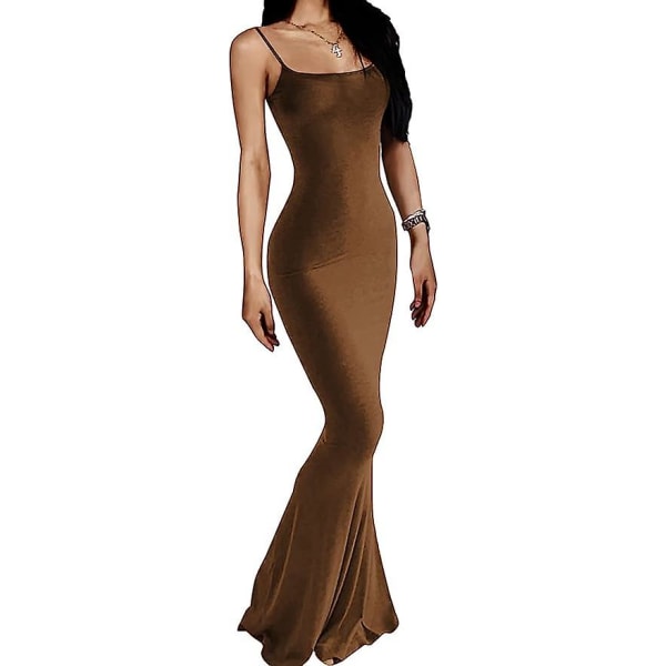 Kvinnors avslappnade långklänning med slits, sexig ärmlös rygglös bodycon maxiklänning 2023 sommar slim elegant Brown XS