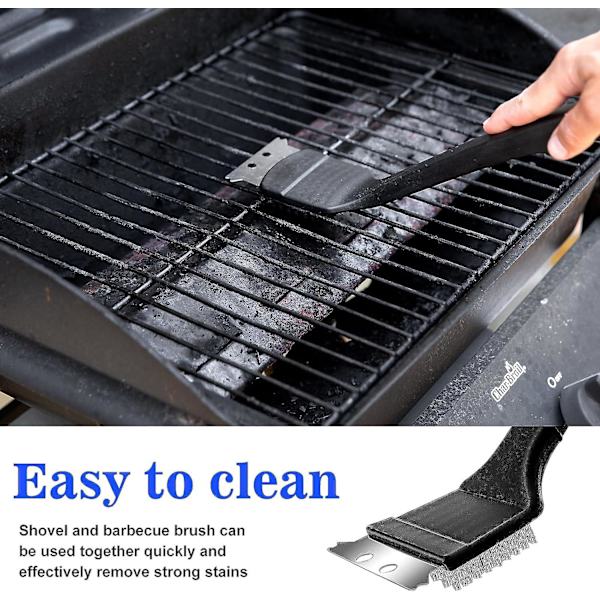Grillbørste, Grillrensebørste, Grillbørste i rustfritt stål med skrape og langt isolert håndtak for rengjøring av grill 3Pcs