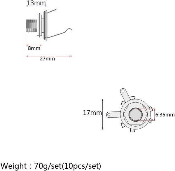 1/4 tomme Mono Jack Stik Stratocaster Erstatningsstik Hun Panelmontering til Bas Elektrisk 10 stk