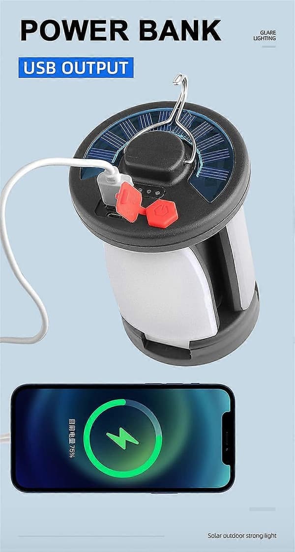 Sammenleggbare solcelle campinglamper - USB-oppladbare teltlamper for utendørs bruk - Vanntette lanterner - 6 moduser - Bærbare campinglamper