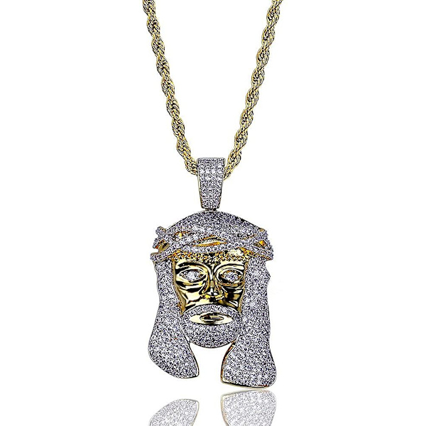 Herre 14k Guldbelagt Iced Out Cz Simuleret Diamant Krone Jesus Stykke Vedhæng Halskæde