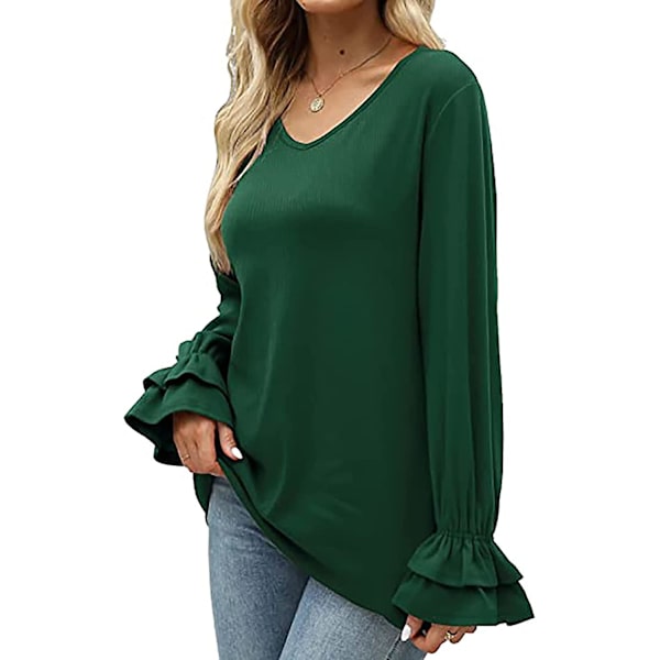Dame Ensfargede Topper Casual V-hals Ruffle 3/4 Bell Erme Bluse Tunika Løs Skjorte Green M