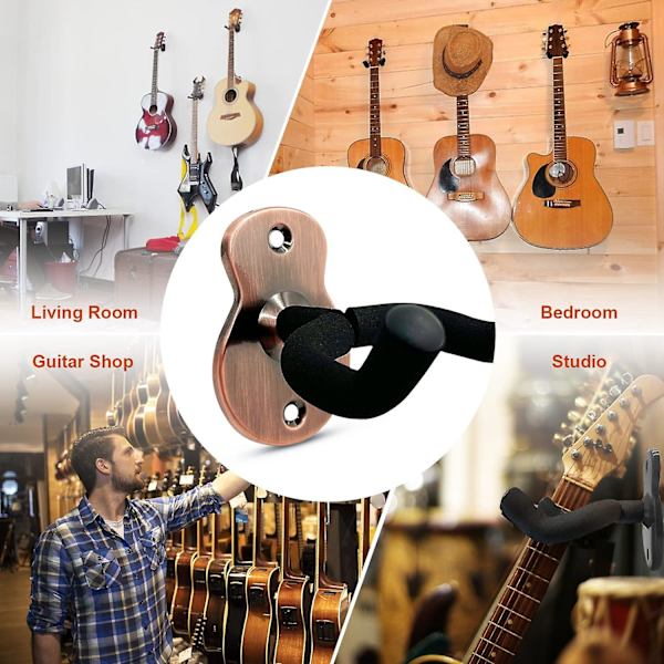 3 Pakning Metall Gitar Veggfeste Stativ Med Beskyttende Svamp, Passer For Bass, Gitar, Banjo, Ukulele - Rød Bronse