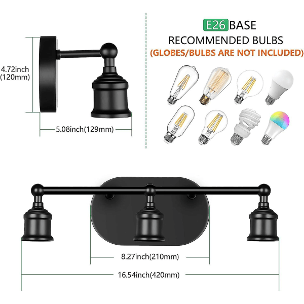 Badrumsbelysning, 3-ljus svart fåfänga ljus, glob ingår ej vintage vägglampa belysning, moderna vägglampa fåfänga lampor,