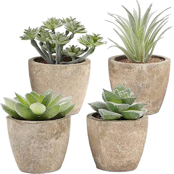 Kunstige sukkulentplanter, mini falske sukkulenter, sett med 4 små potteplanter for skrivebord, hylle, kontor og hjemmeinnredning innendørs