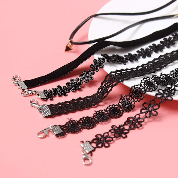 6 stk. Halskæder Sort Fløjl Choker Sæt Klassisk Gotisk Tattoo Blonde Chokers