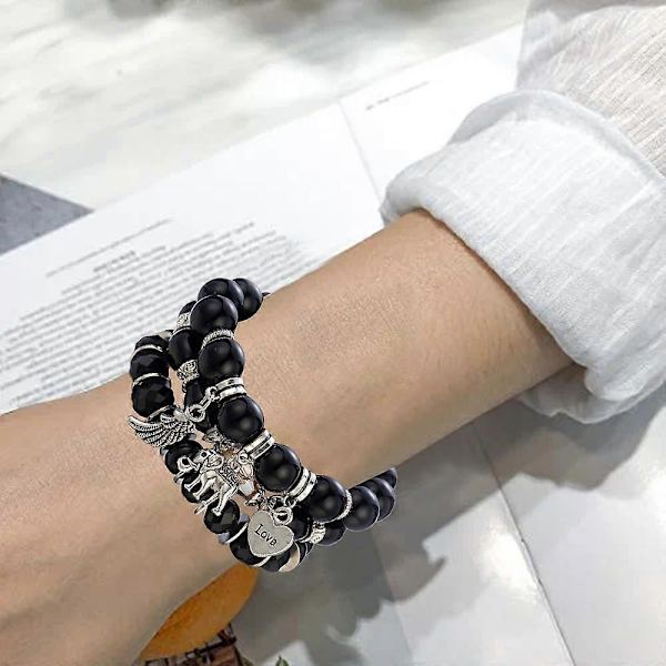 Enkel Bohemisk Pärl-Elefantvingar LOVE Mönster Boll Armband Black