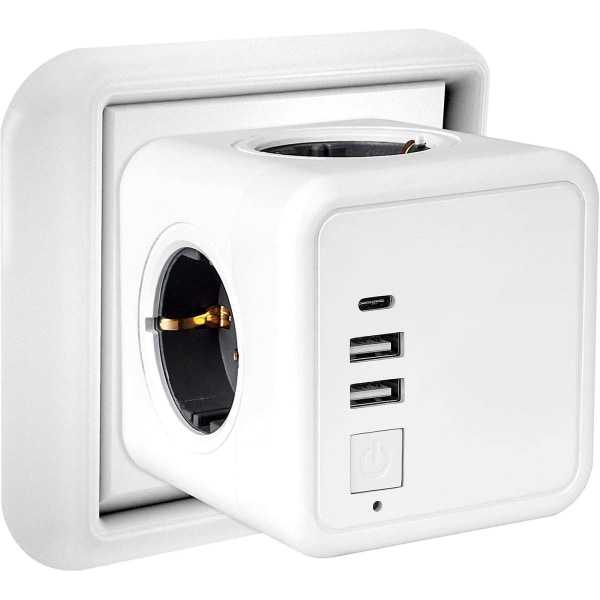 Usb-grenuttag, 4-uttags kubvägg grenuttag med 2 huvud-usb, 1 typ-c-port, 7 i 1 huvudström med strömbrytare