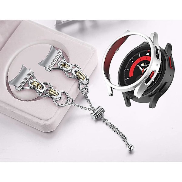 Rostfritt stål armband armband för Samsung Galaxy Watch 5 44mm med PC skyddande ram Silver Gold Silver Frame