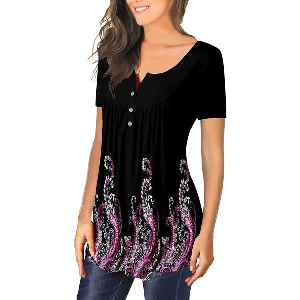 Dame Tunika Topper Ensfarget Plissert V-hals Knapper Bluse Blomstertrykte Damer Mixblack S